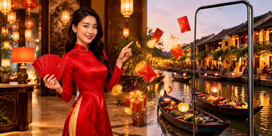 Lễ hội Hội An với phong bì đỏ may mắn và áo dài truyền thống Việt Nam