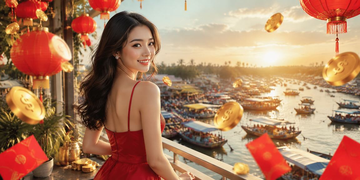 Khung cảnh sông Mekong về đêm với đèn lồng rực rỡ, gợi nhớ không khí xem thể thao và cá cược trực tuyến