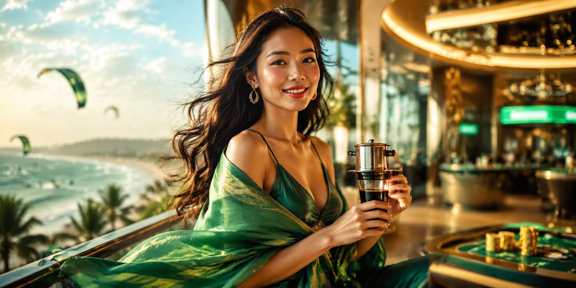 Bình minh trên bãi biển Mũi Né, người dùng thư giãn và kiểm tra ưu đãi cá cược trực tuyến trên điện thoại