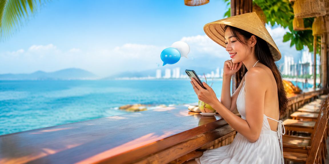 Người phụ nữ đội nón lá tại Nha Trang sử dụng điện thoại để nạp tiền cá cược trực tuyến